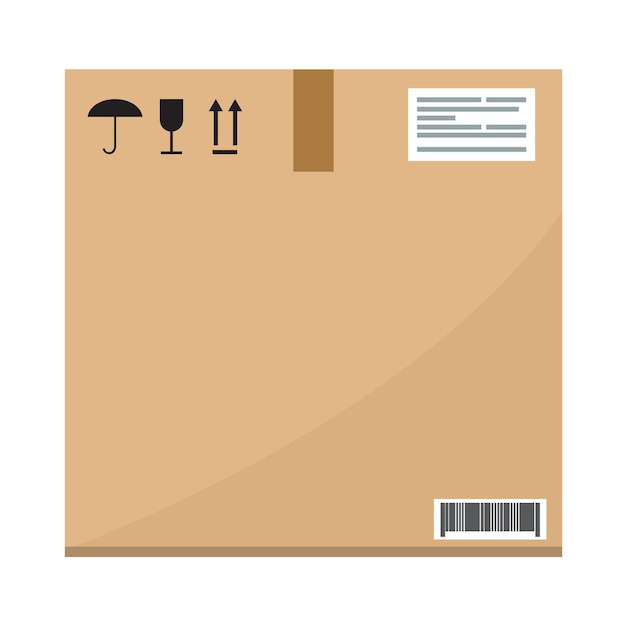 Vecteur vue latérale du paquet de boîte de conteneur de carton de carton avec des étiquettes et du ruban adhésif vecteur plat