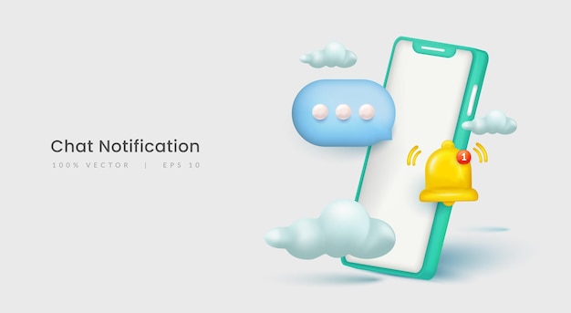 Vue Latérale Du Smartphone 3d, Avec Icône De Chat à Bulles, Notification De Cloche Et Nuage.