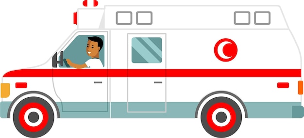 Vue latérale de la voiture d'ambulance musulmane avec chauffeur ambulancier dans un style plat