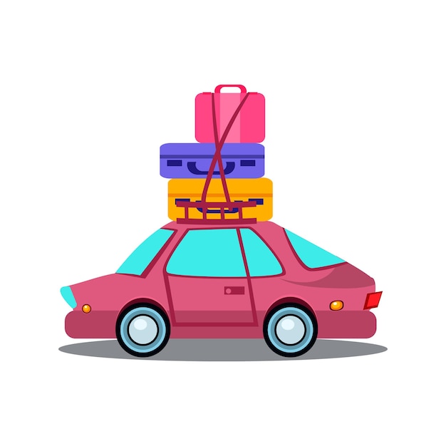 Vecteur vue latérale de la voiture avec des tas de bagages, illustration vectorielle plane