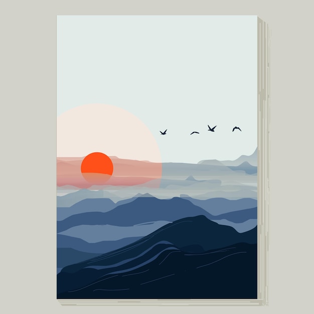 Vecteur vue sur la montagne avec illustration du coucher du soleil pour l'affiche, prêt à imprimer