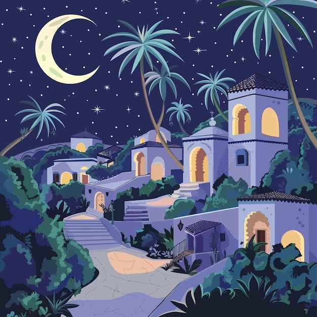 Vecteur vue nocturne d'une maison de style méditerranéen, arabe ou marocain.