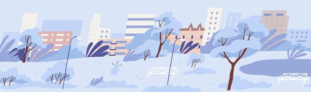 Vecteur vue panoramique d'un parc public vide de la ville avec un bonhomme de neige sur un banc et des arbres couverts de neige paysage hivernal enneigé paisible sur le fond des bâtiments urbains illustration vectorielle de dessins animés plats colorés