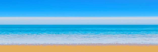 Vue panoramique sur la plage de sable de la mer, fond d'été flou, ciel bleu, mer et sable jaune