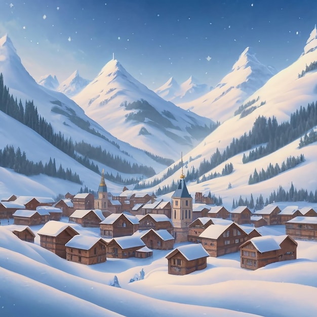 Une Vue Panoramique D'un Village Couvert De Neige Illustration Flat Design