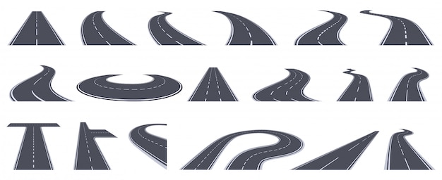 Vecteur vue en perspective de la route. courbure des routes autoroutières, pliez les routes goudronnées en perspective. tournez le jeu d'illustration des routes urbaines de la ville. route autoroute, asphalte au transport, virage en ligne