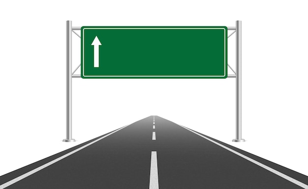 Vue en perspective de la route avec un panneau vert Autobahn vide avec un signe d'orientation Vector EPS 10