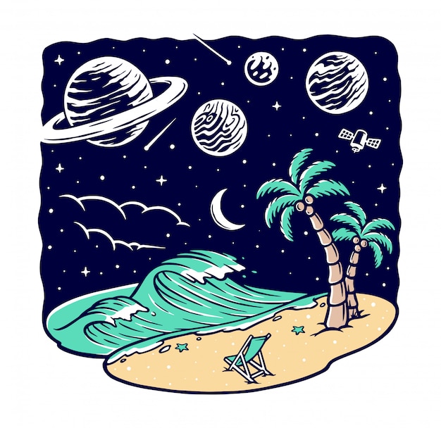 Vue Sur La Plage La Nuit Illustration