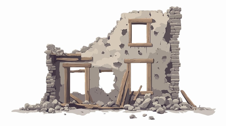 Vecteur vue rapprochée des ruines d'anciens bâtiments en bois et en pierre