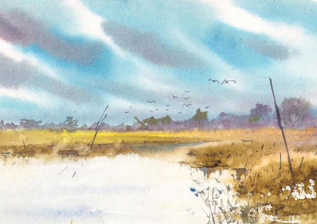 Vue Sur La Rivière Avec Croquis Aquarelle D'oiseaux Et D'horizon