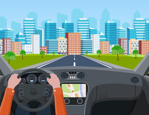 Vue de la route depuis l'intérieur de la voiture.