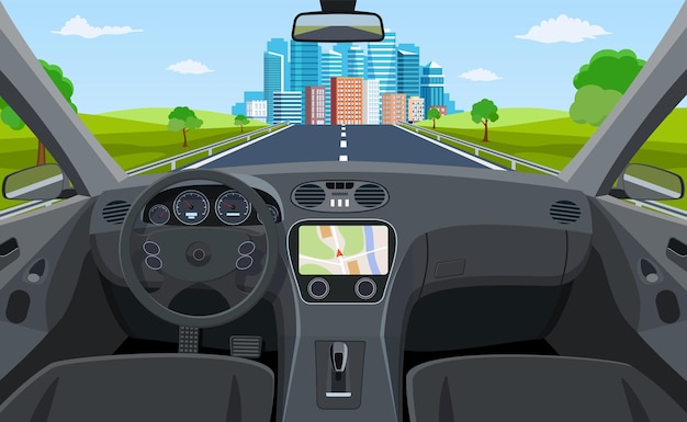 Vue sur la route depuis l'intérieur de la voiture
