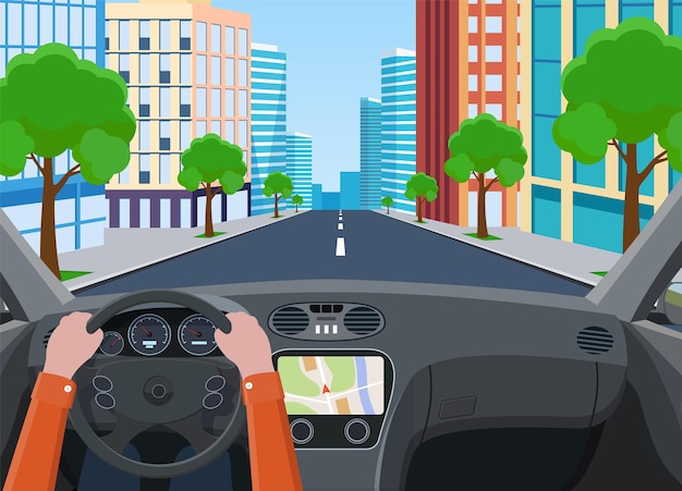 Vue de la route depuis l'intérieur de la voiture.