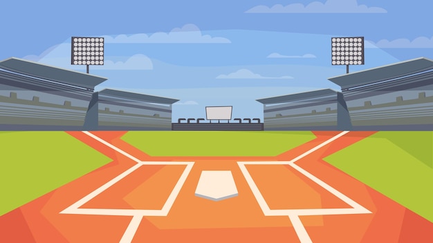 Vue Sur Le Stade De Baseball, Bannière En Dessin Animé Plat. Terrain De Jeu Du Centre Sportif, Base, Projecteurs, Tribunes Avec Sièges Pour Spectateurs. Notion De Compétitions. Illustration Vectorielle De Fond Web