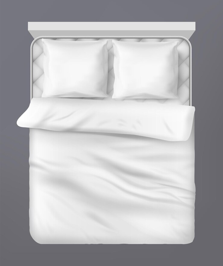 Vecteur vue supérieure du lit oreiller et couverture linge de lit en coton blanc 3d confort de sommeil relaxation de la chambre à coucher textile confortable couvre et coussins hypoallergéniques meubles de maison réalistes vectoriels