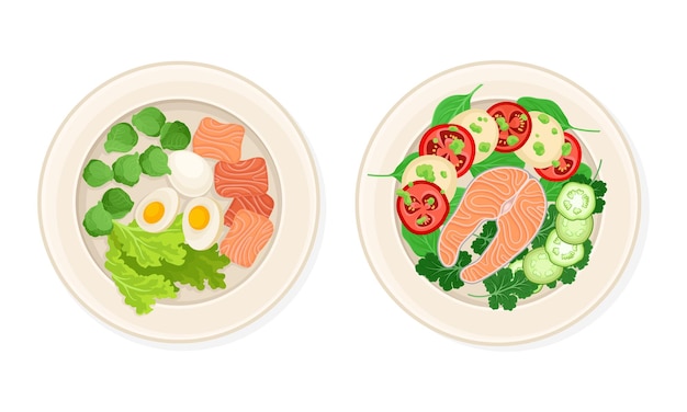 Vue supérieure de l'ensemble de plats de fruits de mer Poisson de saumon servi sur des assiettes avec illustration vectorielle de légumes