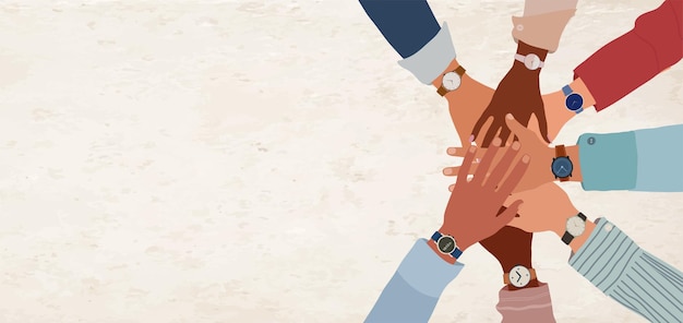 Vue supérieure de mains diverses empilées dans un cercle Travail d'équipe multiculturel et collaboration de démarrage