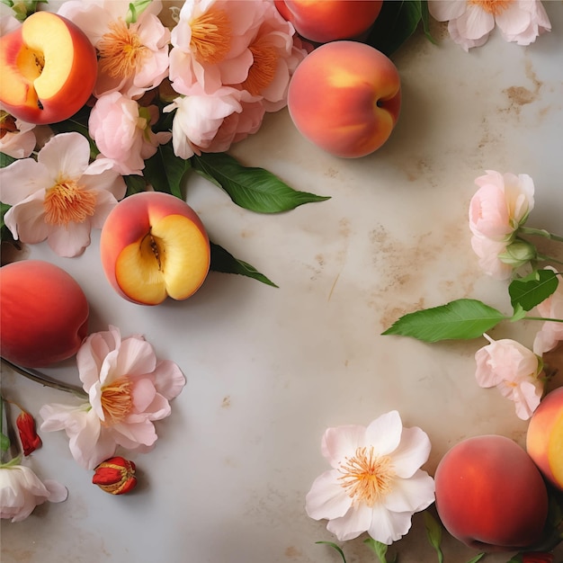 Vecteur vue supérieure des pêches et des fleurs sur une illustration vectorielle de table