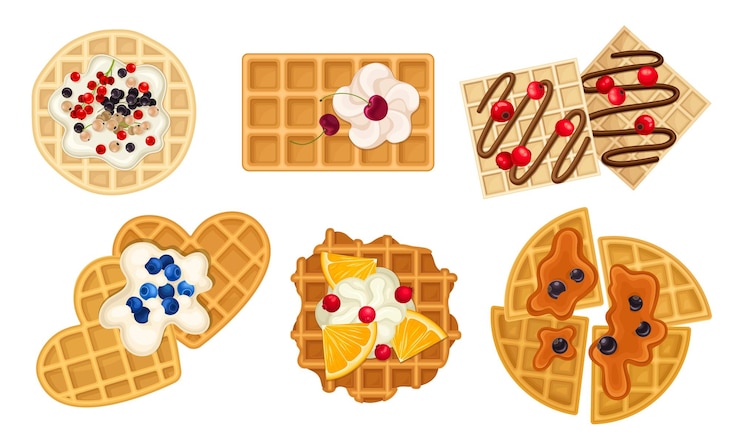 Vecteur waffles avec surface texturée et garniture sucrée avec baies et set vectoriel de crème fouettée