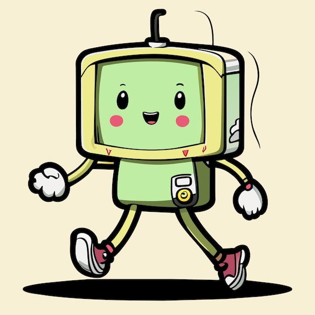 Walking TV dessin animé dessiné à la main autocollant icône concept illustration isolée