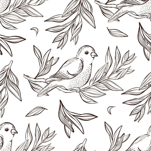 Warbler Sur Branch Sketch Vintage Seamless Pattern Vector