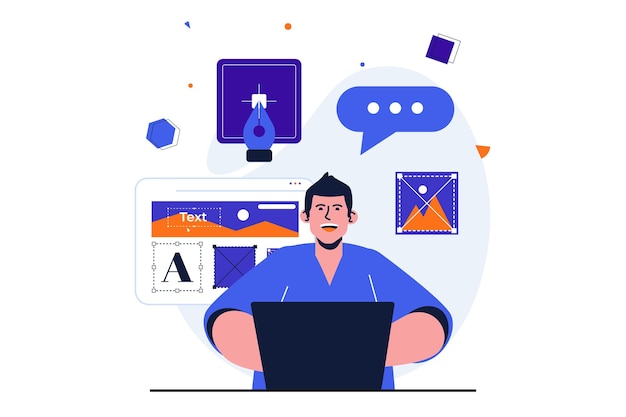 Web designer concept plat moderne pour la conception de bannières web L'homme crée du contenu dessine des éléments graphiques