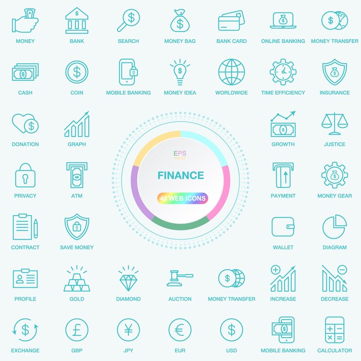 Vecteur web et internet finance line icons set blog web et boutons de médias sociaux illustration vectorielle