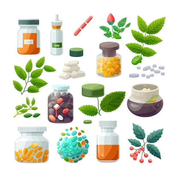 Vecteur web naturel pilules capsules à base de plantes comprimés organiques suppléments vitamines ensemble isolé sur fond dessin animé illustration vectorielle plane