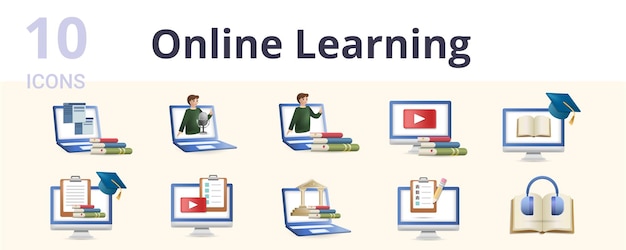 Vecteur webinaire d'apprentissage à distance d'icônes créatives d'apprentissage en ligne