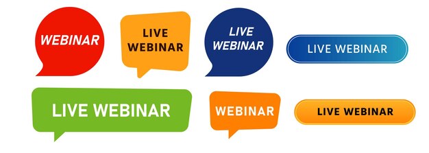 Webinar bouton de séminaire vidéo en ligne et étiquette de bulle de discours pour leçon en ligne apprendre éduquer