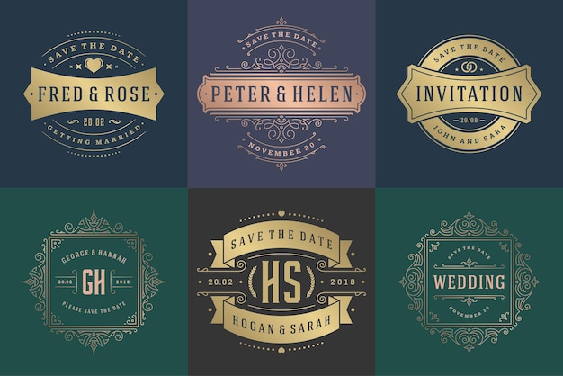 Vecteur wedding invitations save the date logos and badges vector elegant templates set