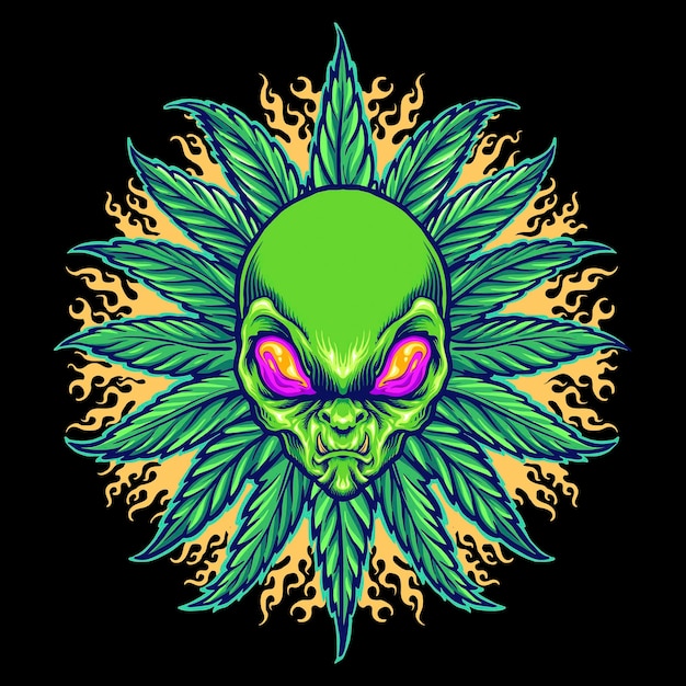 Weed Alien Cannabis Mandala With Fire Illustrations Vectorielles Pour Votre Travail Logo, T-shirt De Mascotte, Autocollants Et Designs D'étiquettes, Affiches, Cartes De Voeux, Entreprises Ou Marques Publicitaires.