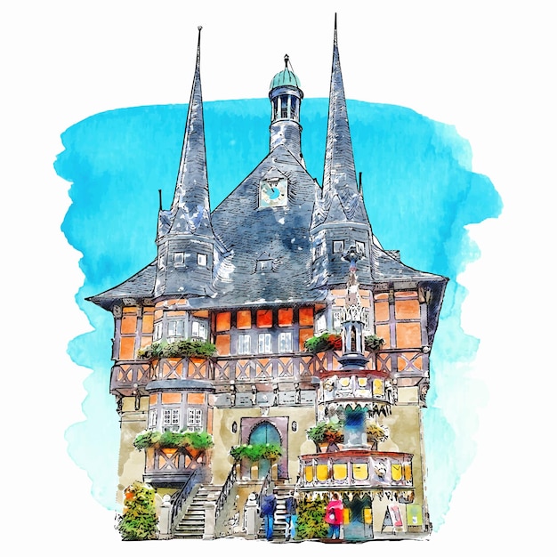 Wernigerode allemagne aquarelle illustration dessinée à la main isolée sur fond blanc