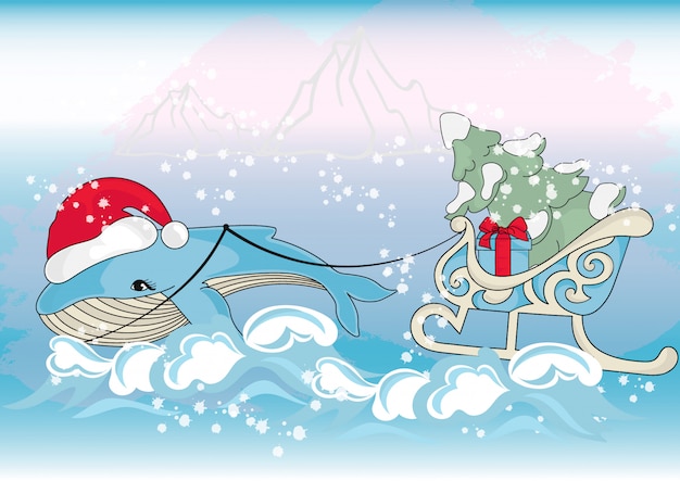 Whale Christmas New Year Color Illustration Set