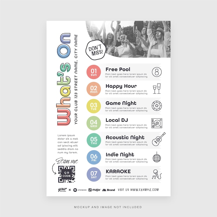 Vecteur what's on club event schedule flyer template in vector