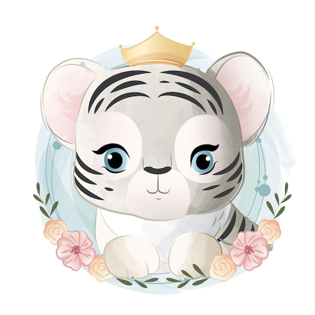 Vecteur white baby tiger girl dans une couronne de fleurs