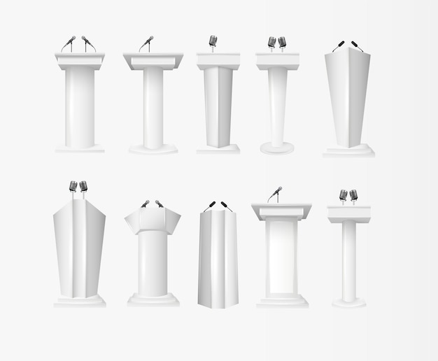 Vecteur white podium tribune rostrum stands avec microphones tribune de podium avec microphones isolés pour la conférence de présentation d'entreprise illustration vectorielle