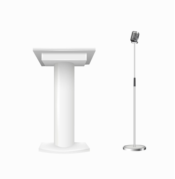 White Podium Tribune Rostrum Stands Avec Microphones Tribune De Podium Avec Microphones Isolés Pour La Conférence De Présentation D'entreprise Illustration Vectorielle