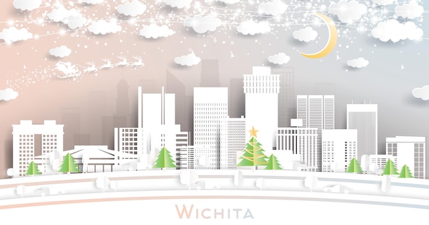 Vecteur wichita kansas usa city skyline dans un style papier découpé avec des flocons de neige lune et neon garland