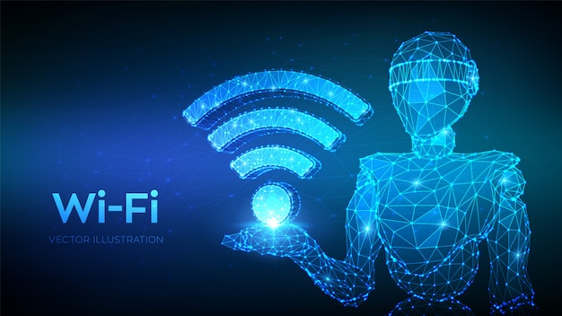 Wifi. Abstrait robot 3d basse polygonale tenant l'icône WiFi.