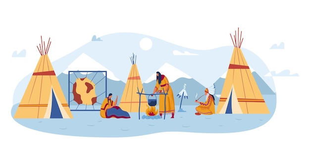 Vecteur wigwam habitations yourte population locale mode de vie sauvage voyage tribal femme préparant des aliments design illustration vectorielle de style plat