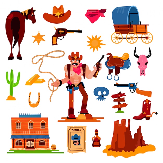 Wild West Western Cowboy Caractère Dans Le Désert De La Faune Avec Illustration De Cactus Sauvagement Shérif En Chapeau Avec Pistolet Sur Rodéo