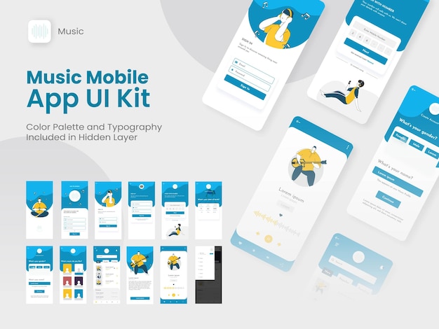 Wireframe Ui Ux Et Gui Layout Avec Différents écrans De Connexion, Y Compris La Connexion Au Compte, La Liste De Lecture D'inscription Pour L'application Mobile De Musique