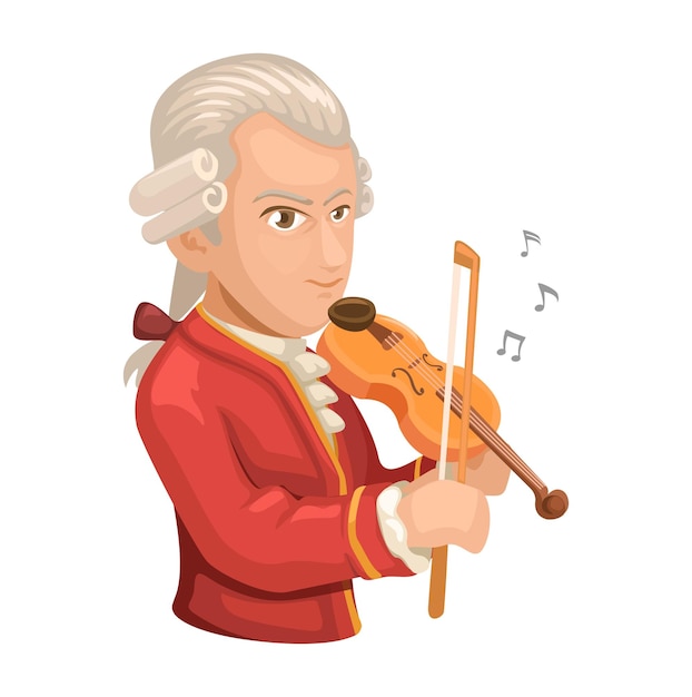 Vecteur wolfgang amadeus mozart musicien compositeur figure dessin animé illustration vectorielle