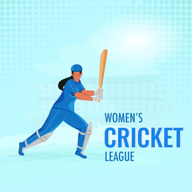 Women's Cricket League Concept Avec Une Joueuse Sans Visage Dans La Pose De Jeu Sur Fond Bleu à Pois