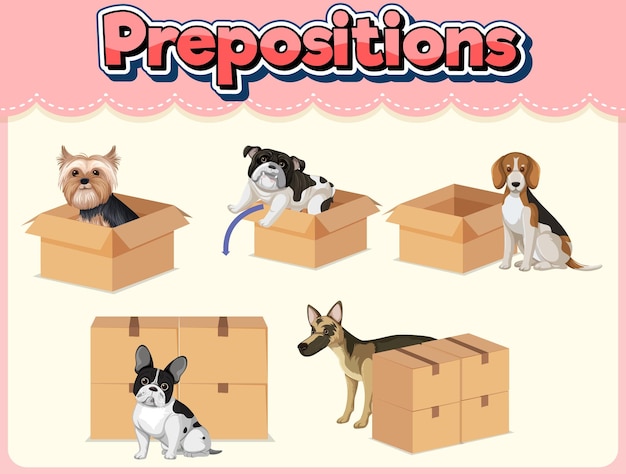 Vecteur wordcard de préposition avec des chiens et des boîtes