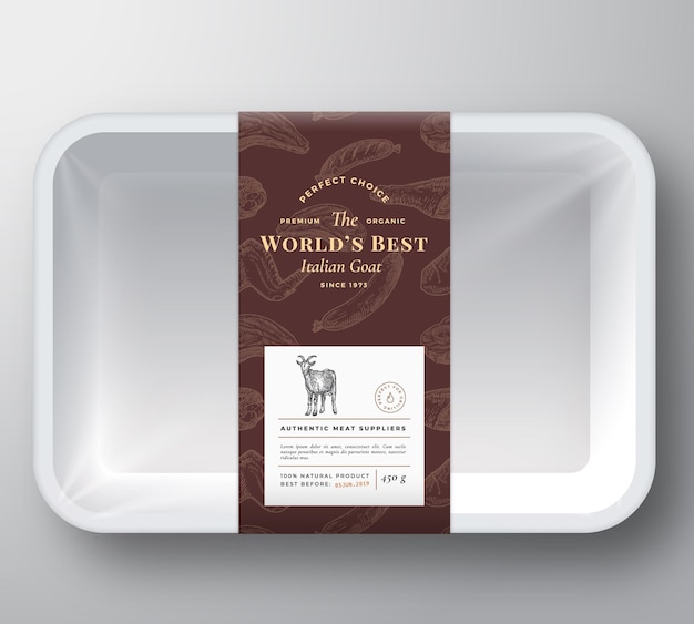 Worlds Best Goat Abstract Vector Plastic Tray Container Cover Premium Meat Packaging Design Label Layout Hand Drawn Steak Saucisson Wings And Legs Sketch Pattern Background