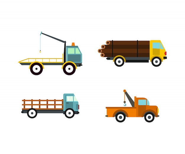 Wrecker Icon Set. Ensemble Plat De Collection D'icônes De Vecteur Dépanneuse Isolée