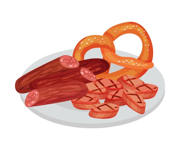 Vecteur wurst avec pretzel salé reposé sur l'assiette comme aliment festif pour la célébration de l'oktoberfest illustration vectorielle