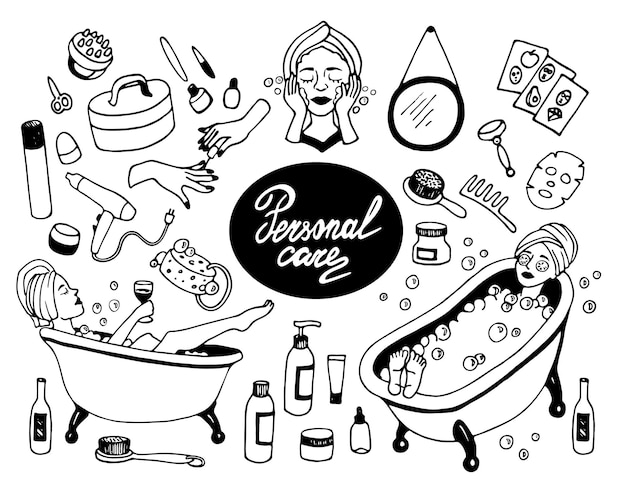 Vecteur xapersonal care vector doodle set ensemble dessiné à la main représentant des produits de soins et des outils filles dans la salle de bain